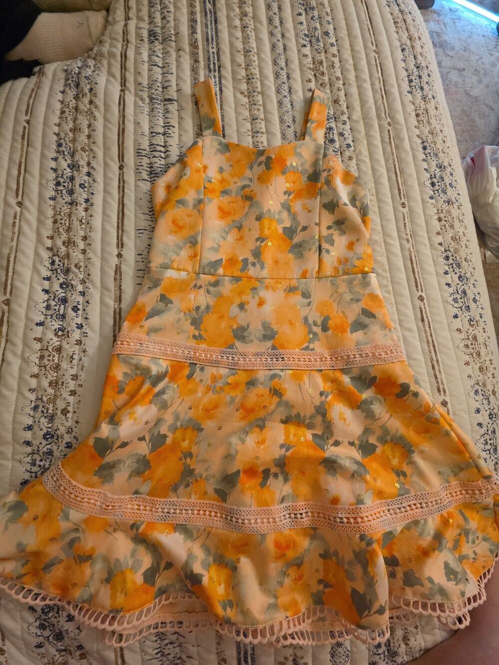 Knit Works Girls Sleeveless Floral Dress with Gold Foil Detail and Crochet Trim